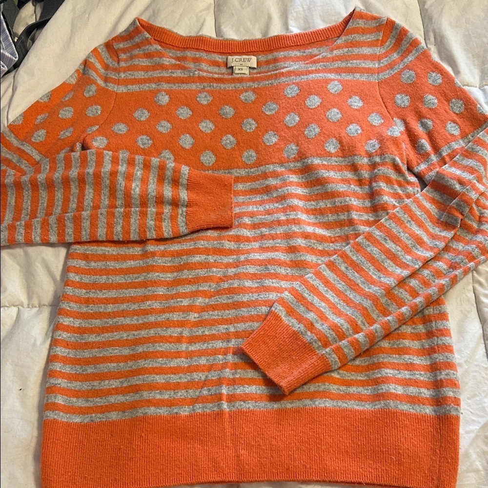 J. Crew Women Vibrant Orange Gray Polka Dot Sweater Size Extra Small